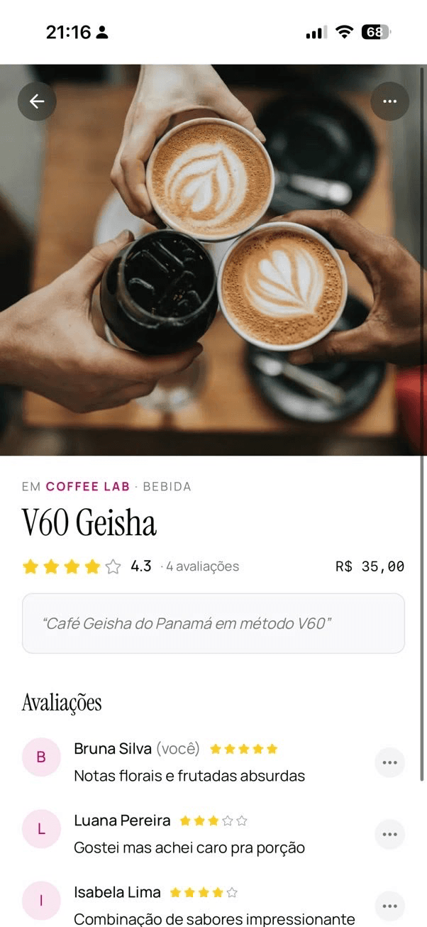 Tela de prato V60 Geisha com estrelas, preco e avaliacoes de amigos