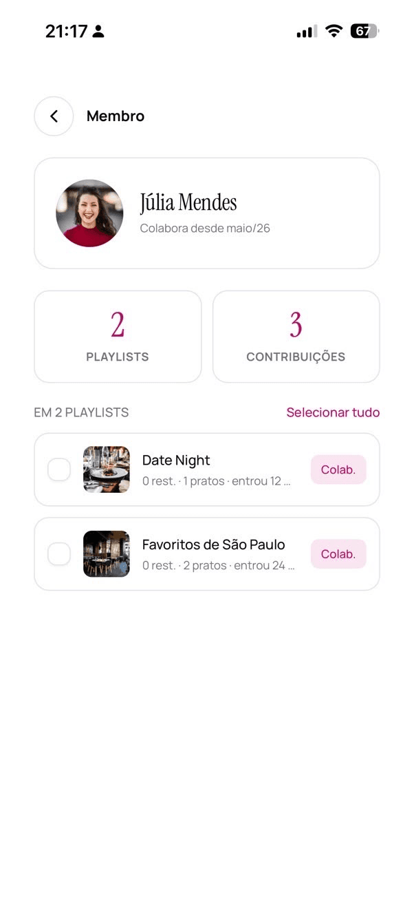 Perfil de colaborador no Dine com playlists, contribuicoes e controles