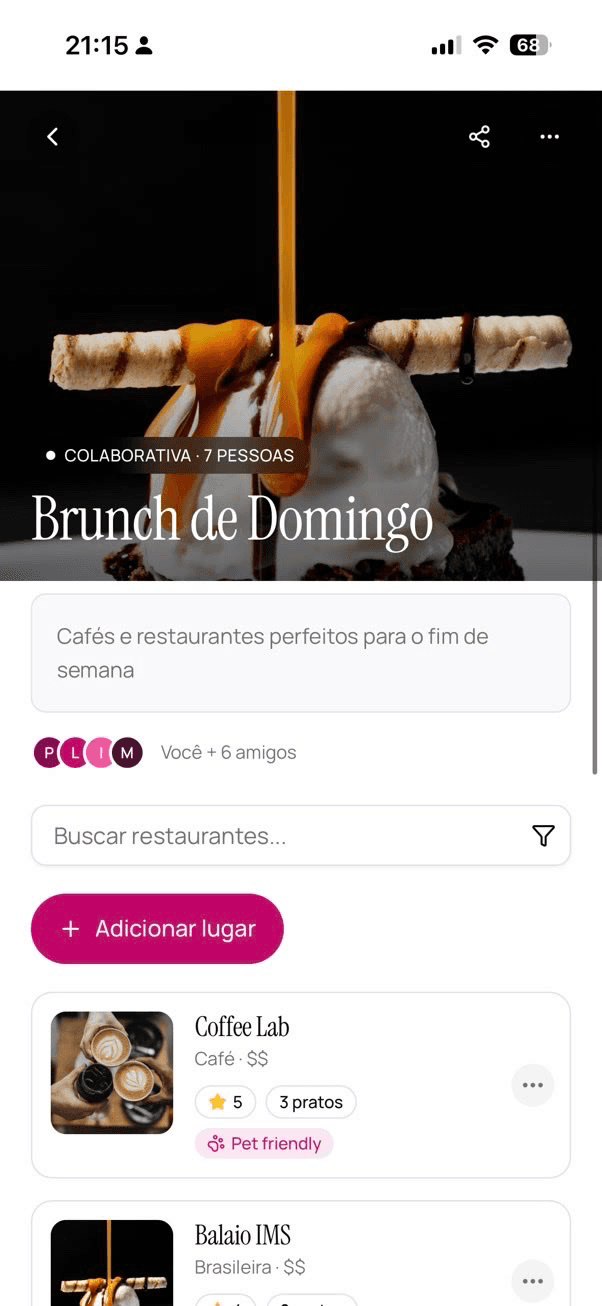 Tela de playlist do Dine com capa, colaboradores e lugares