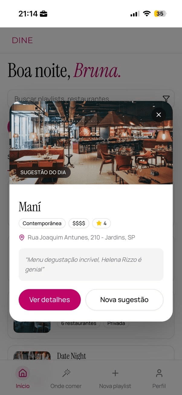 Modal 'onde comer' do Dine sugerindo o restaurante Mani