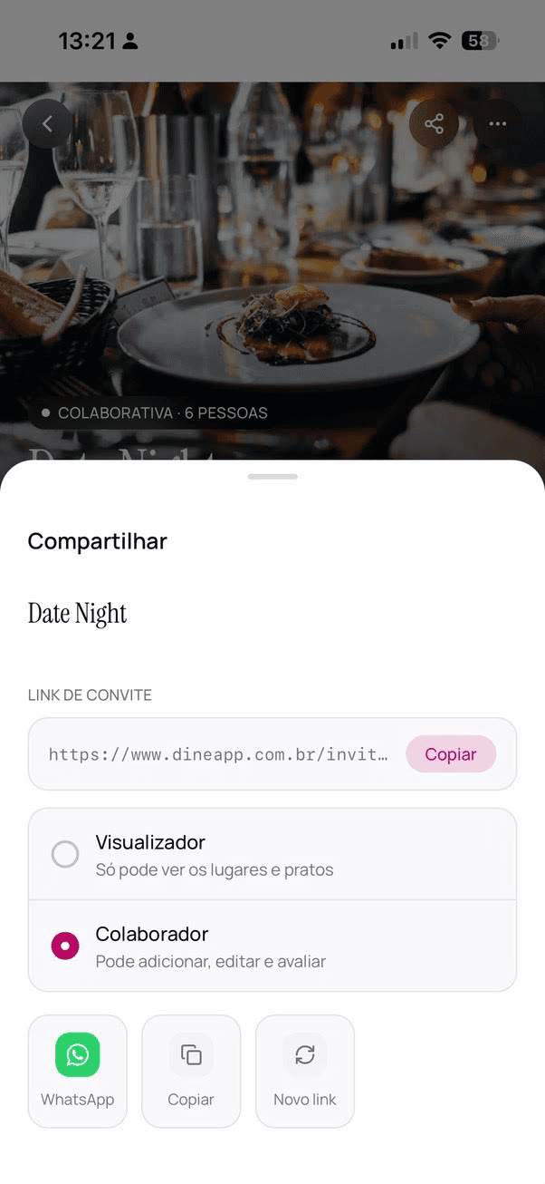 Modal de compartilhar playlist com link, roles e WhatsApp